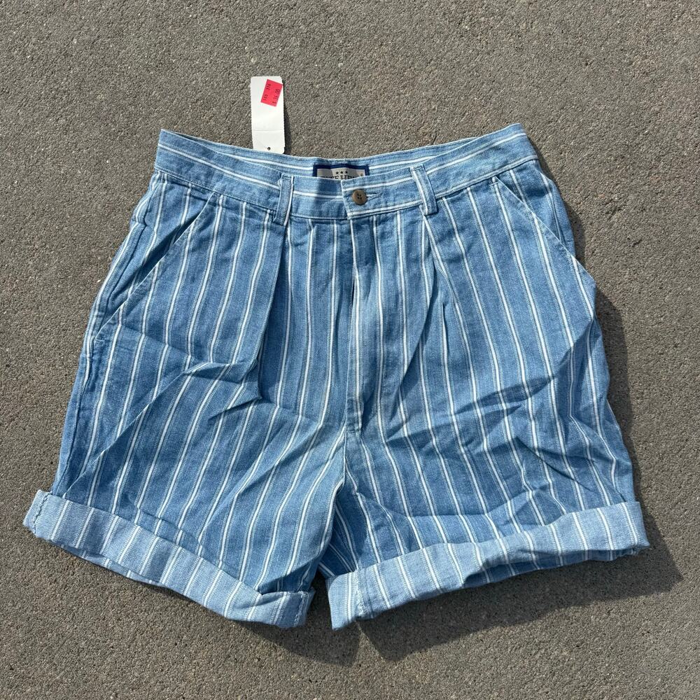 90s Ruff Hewn Railroad Stripe Chambray Denim Pleated Roll Hem Shorts NWT Size 12